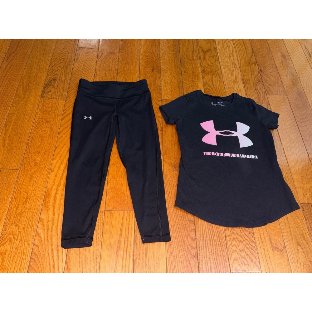 Under Armour Girls Black Pink HeatGear Shirt and Leggings Set YXS 7